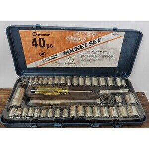 Vtg Wilmar Metric & SAE 40pc Socket Set Extensions Driver Metal Case Taiwan